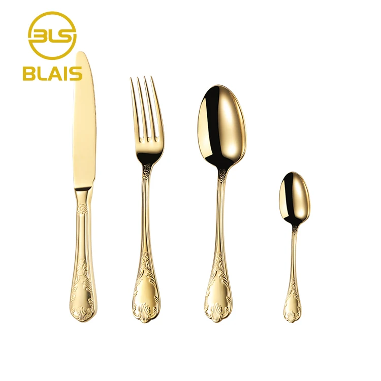 Fancy retro gold flatware set wedding bulk silverware high quality luxury metal golden plated 304 stainless steel 18/8 cutlery