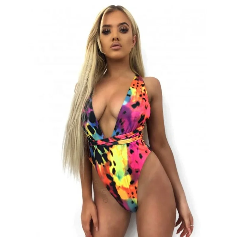 Neon Deep V Swimwear Women High Cut One Piece Swimsuit