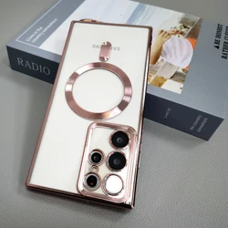 Luxury Transparent Plating Magnetic Case for Samsung Galaxy S21 S22 S23 Ultra Plus Wireless Charger Silicone Clear Cover Cases