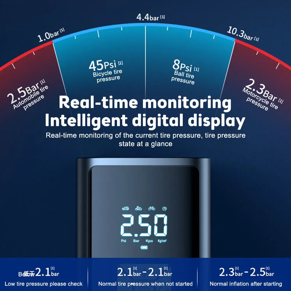 150PSI Electric Cordless Air Pump Bike Pump with 6000mAh Battery Digital LCD Display Portable Air Compressor