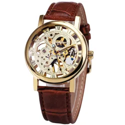 Top Luxury WINNER SLZ11 Men Watch Transparent Skeleton Mechanical Watch Casual Business Leather Wristwatches Relogio Masculino