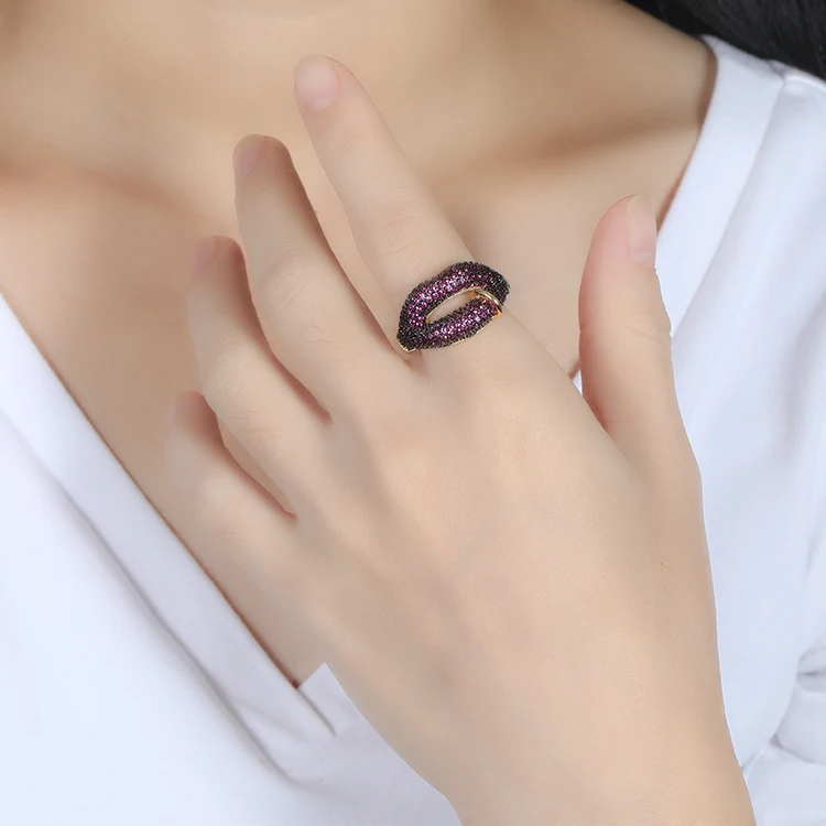 Custom Crystal Colorful CZ Rings Jewelry For Women Lip Shaped Ring Kiss Ring