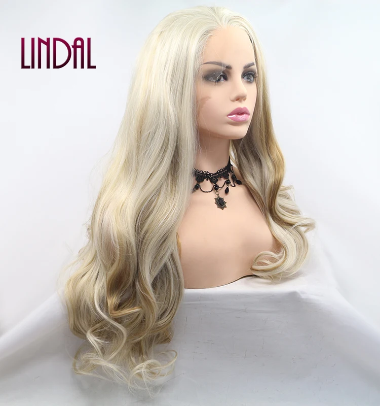 LINDAL long wavy blonde highlight gold synthetic lace front wigs piano color wavy with heat resistant fiber for women drag queen