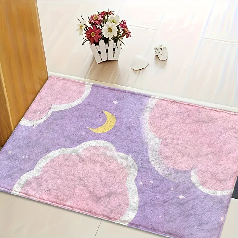 1pc High Quality Artificial Plush Floor Mat Absorbent And Non slip For Bathroom Kitchen Mat Purple Cloud Moon Printed Carpet