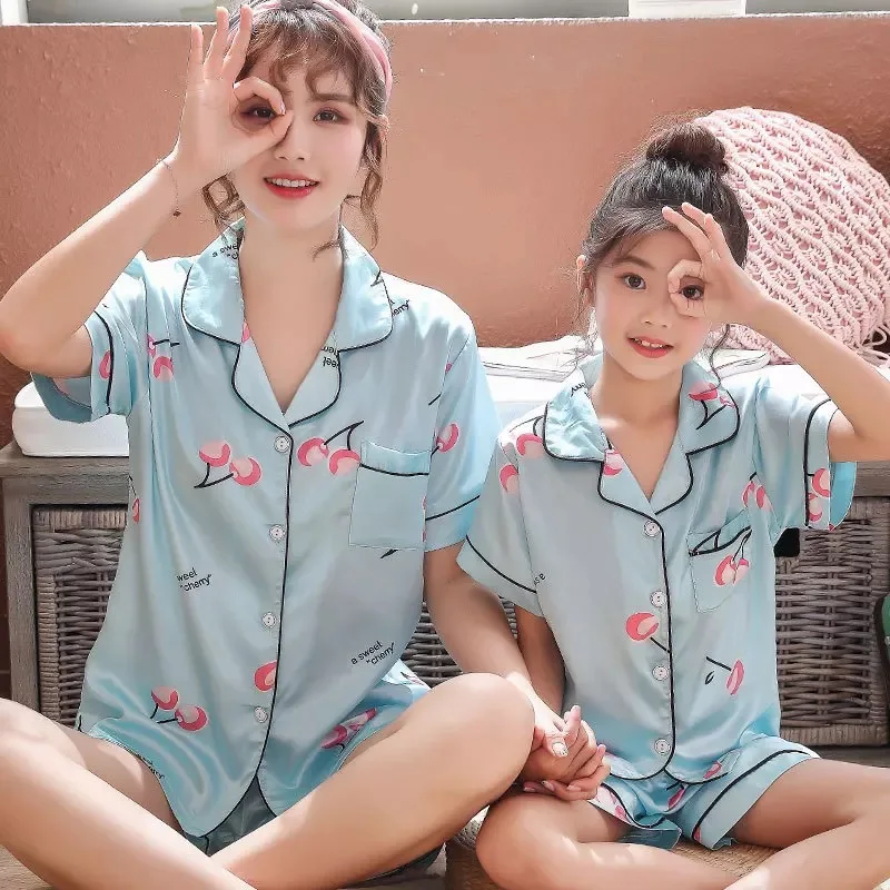 Летняя Детская Пижама, детский Шелковый Пижамный комплект для мальчиков и девочек, костюм для отцов для взрослых, атласная пижама, пижамный комплект с коротким рукавом