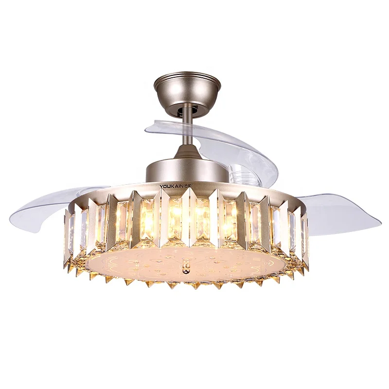 Luxury European Fancy crystal Folding Transparent Hidden Blade Led Invisible Ceiling Fan Lamp With Light