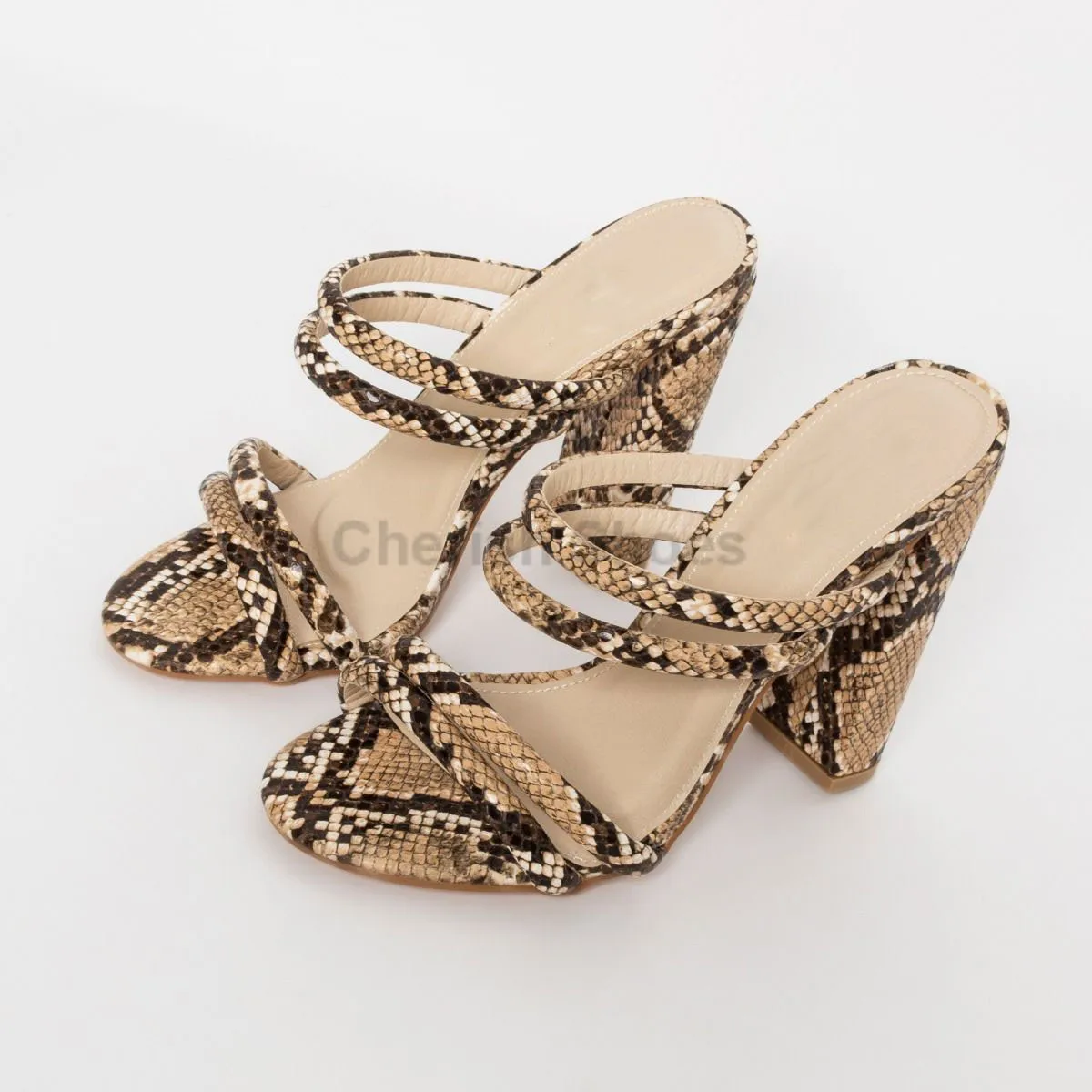 New Design Model Snake Skin Ladies Block High Heel Sandals  Summer Women Shoes Open Toe Mules With Heels