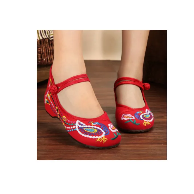 Винтажные женские холщовые лоферы на ремешке с вышивкой китайского Феникса, повседневная обувь на плоской подошве