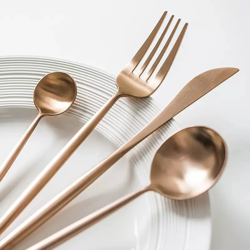 Copper Metal Flatware Stainless Steel  Spoon Fork and Knife Sets Matte Rose Gold Cutlery