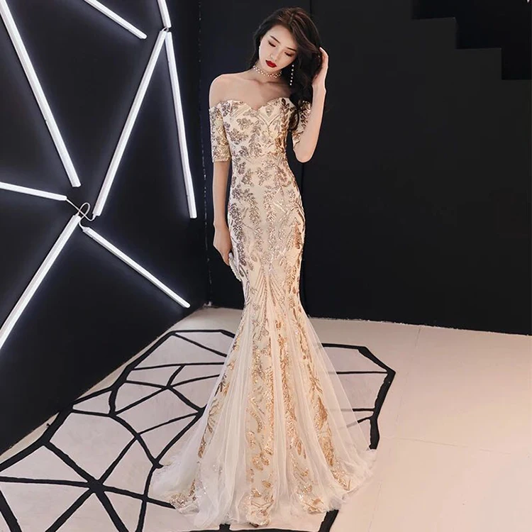 16036#2019 New Sequined Mermaid Evening Dresses Long Sleeve Arabic Formal Prom Gowns ladies laces dress for beauty contest