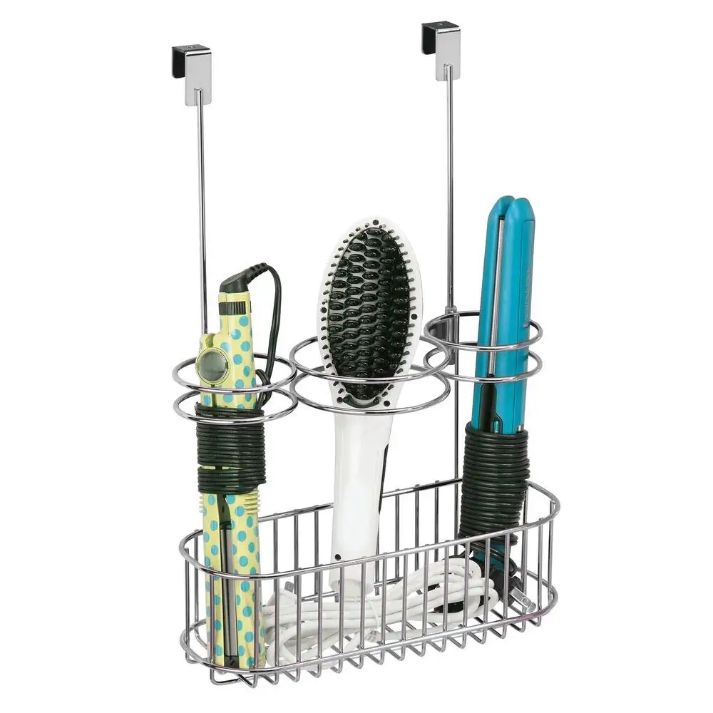 Grid Over the Cabinet Door Hair Styling Station, Metal Over Door Bathroom Hair Care Storage Basket