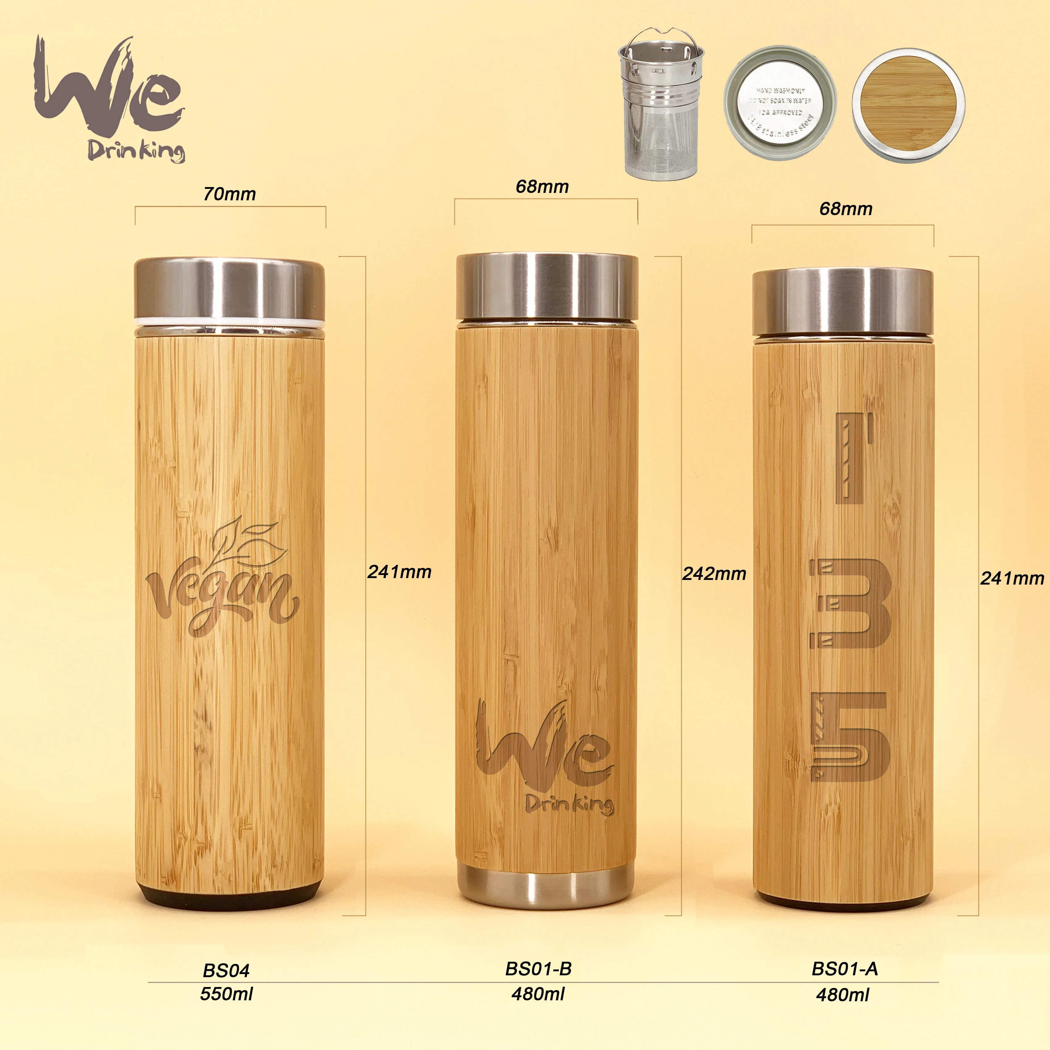 
BS01 480ml 17oz Premium Insulated Bamboo 2go Bottle with Tea Infuser and Strainer for Detox Tea On The Go and Fruit Infusion 