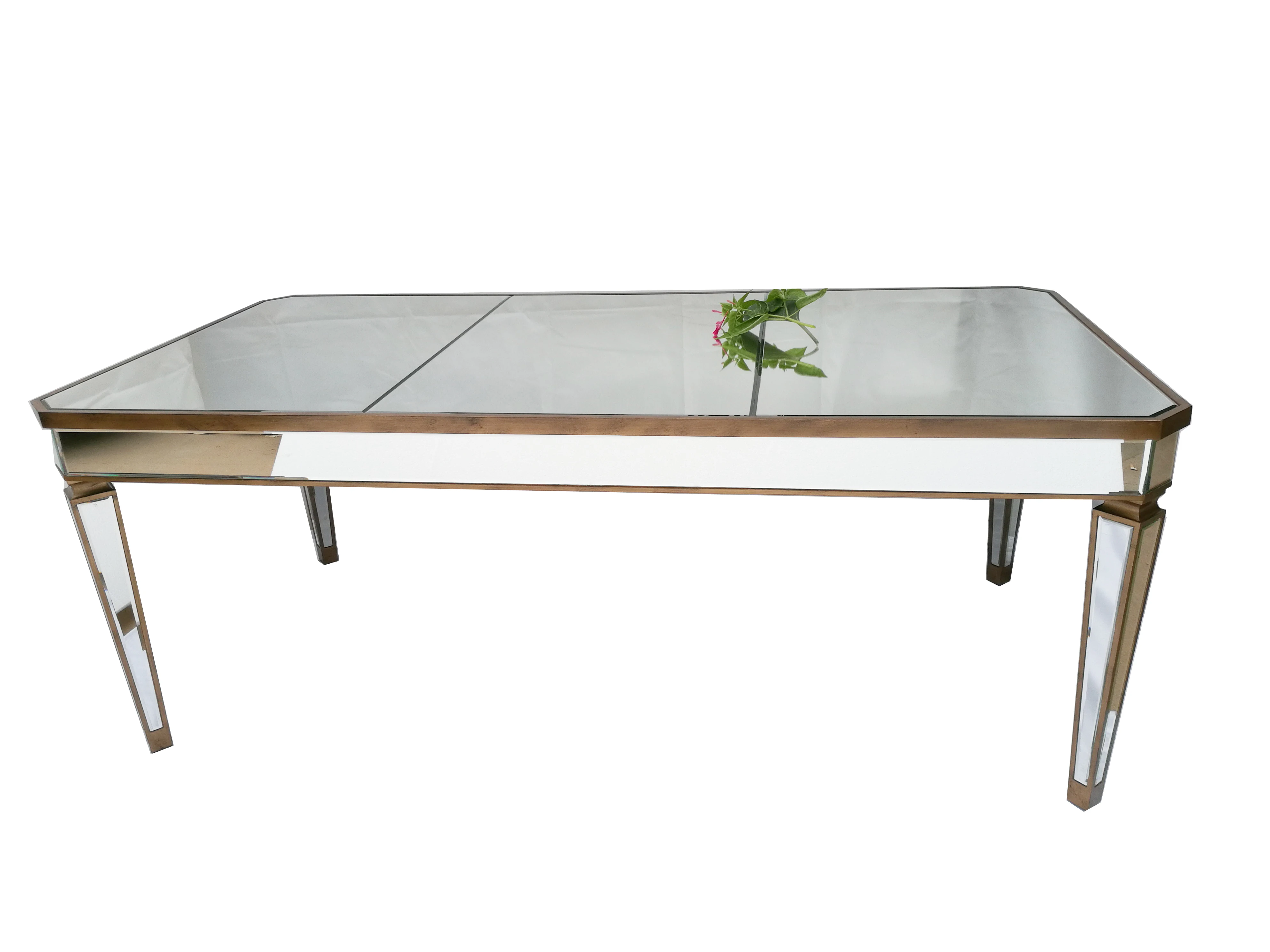  Новое поступление заводская цена на 12 человек античное золото деревянная обрезка прямоугольная зеркальная мебель для праздника свадьбы обеденного стола