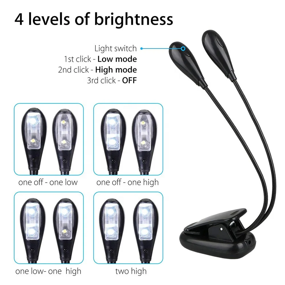 Rechargeable LED Book Light Reading in Bed 2-level Brightness Eye-Care Clip On Lamp with Flexible Gooseneck for desk
