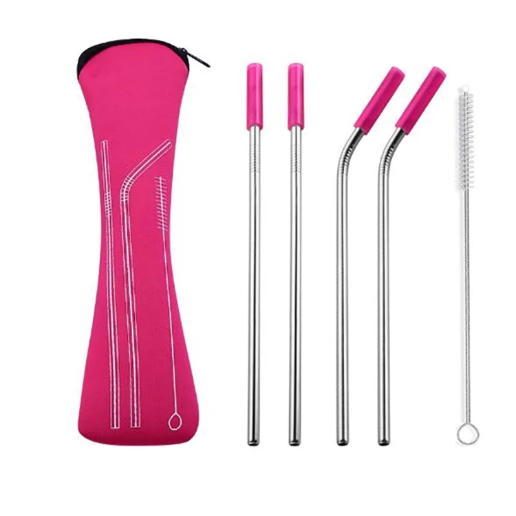 
Wholesale Custom Logo Reusable Stainless Steel 304 Drinking Straws Metal Straw with Silicone Tips & Cleaning Brush Straw 