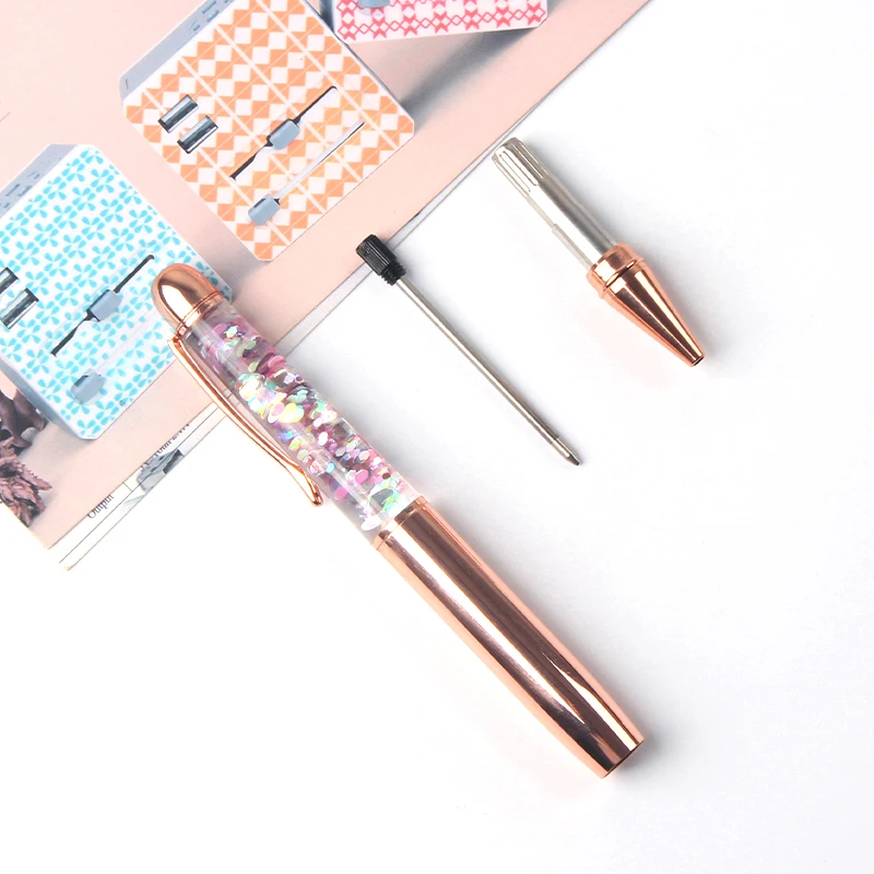 New fashion design custom logo liquid glitter floating ball pen metal gift pen for woman