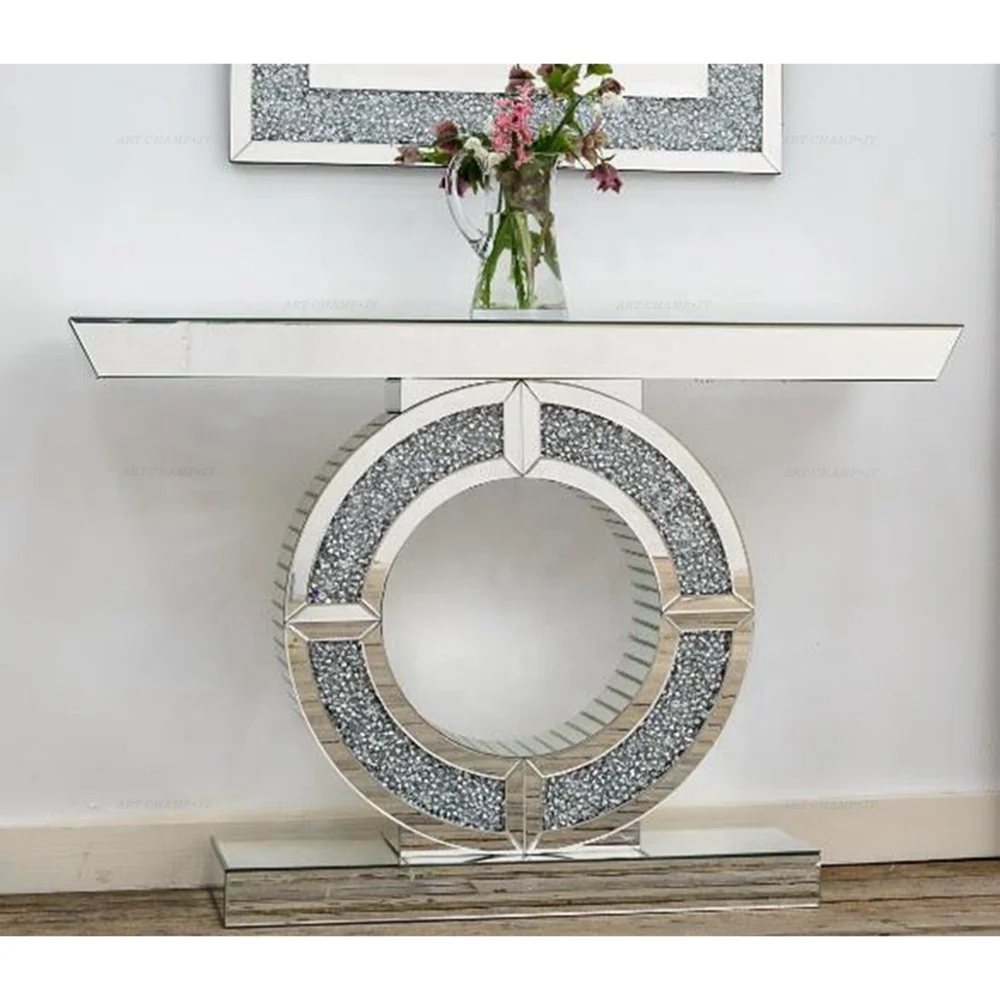 
Luxury sparkling crushed diamond mirrored console table with wall mirror 