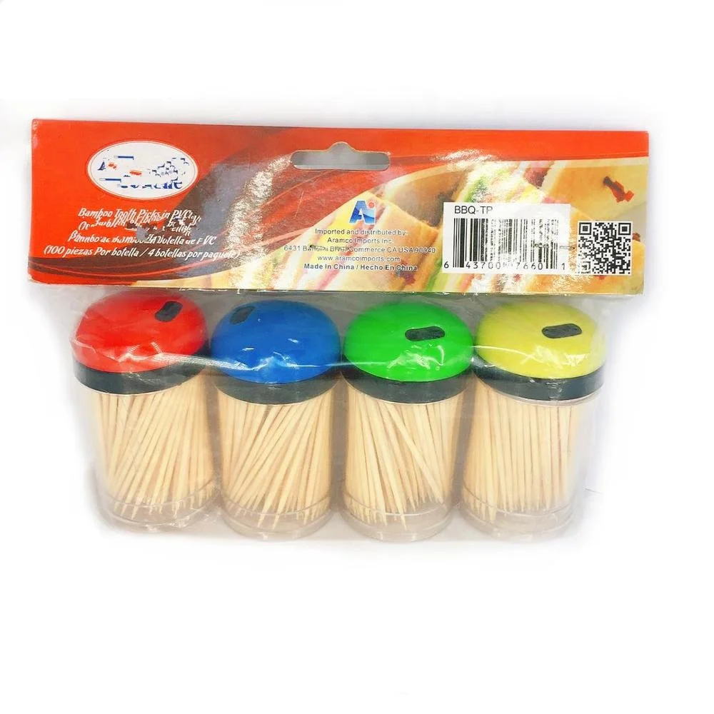 
Eco-friendly 4 PVC Jars in Set Two Sharp Ends and One Top Bamboo Skewers Toothpicks 
