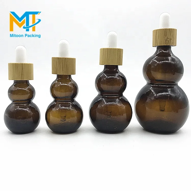 luxury unique design 10ml amber double gourd shape glass essential oil dropper bottle with bamboo lid