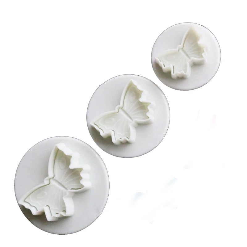 Yiwu bobao factory plastic novelty 3-piece cartoon butterfly shape biscuit pizza cake cookie spring press stamper plunger cutter