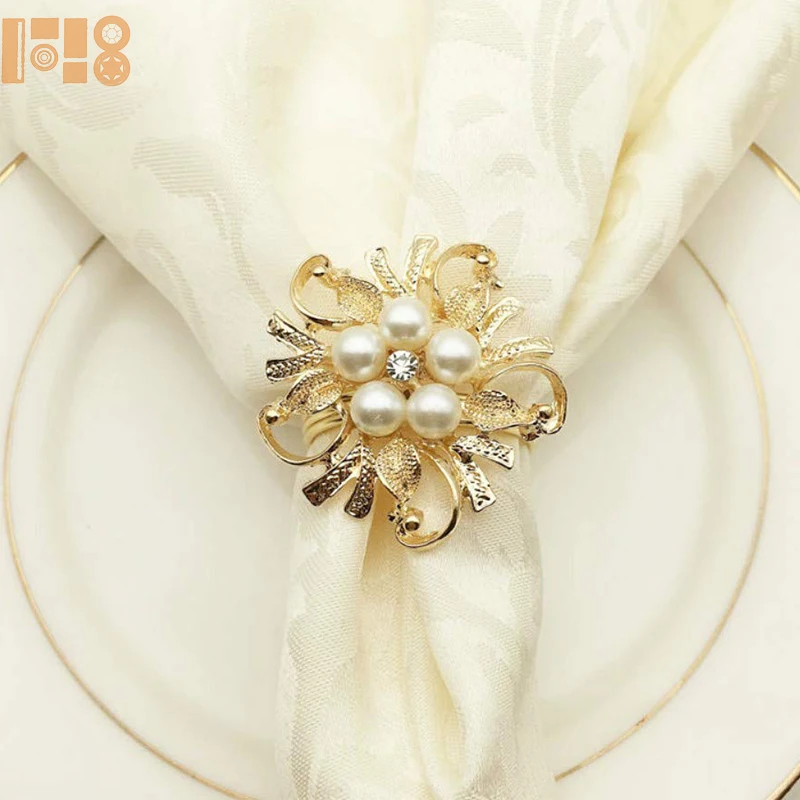 2019 New desgine flower gold plated pearl rhinestone for dinner table decoration