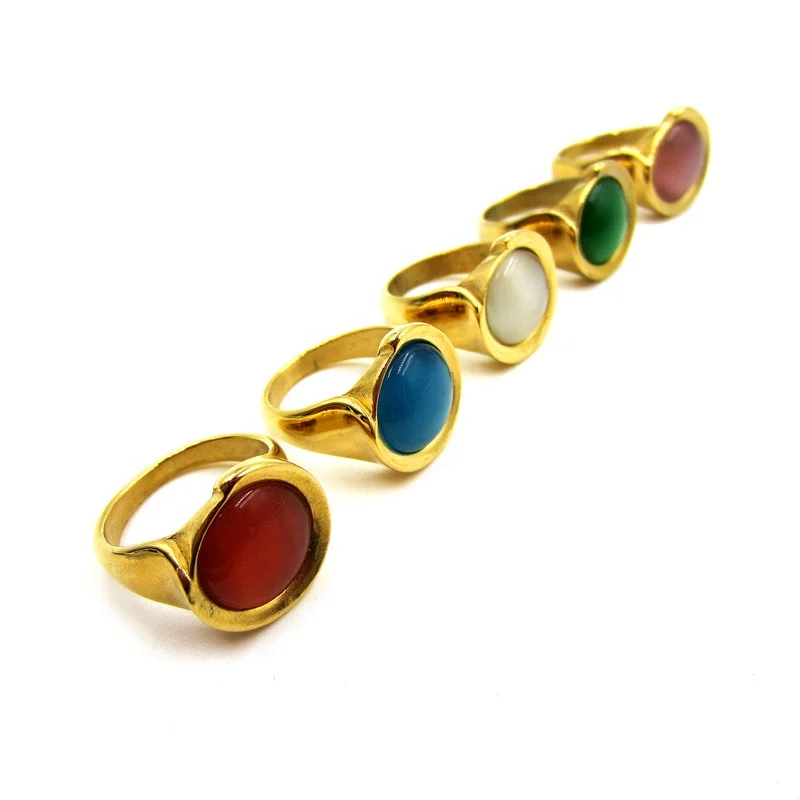Fashion stainless steel latest gold ring designs with Multi-color Cat -eyes stone