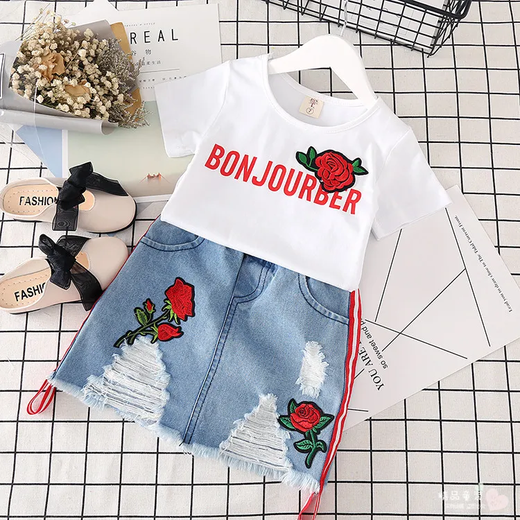 turkish children clothing with fashion embroidered rose T-shirt short sleeves denim skirt suit