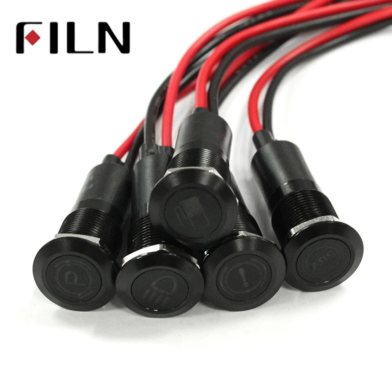 FILN 14mm black housing led red yellow blue green car equipment symbol 12v Flat led indicator light with 20cm cable