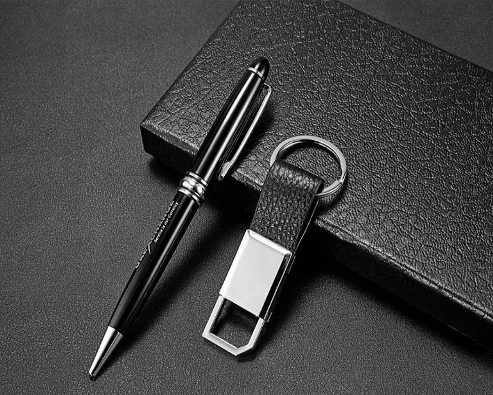 JCX/2022 Hot Sale High Quality Custom Logo Corporate Business Gift Set PU Leather Metal Key Chain with Pen Business Gift Sets