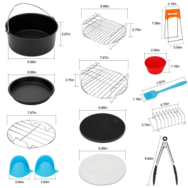 
XL Air Fryer Accessories 8 Inch, 14 pieces AirFryer Accessory Set for 5.3QT - 5.8QT with Recipes Cookbook, Magnetic Cheat Sheets 