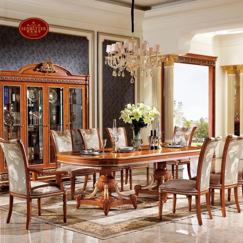 0062 Best sell European luxury wooden dining table with high quality fabric dining chairs