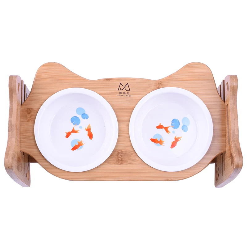 
Miaoxianer Wholesale Bamboo Cat Bowl Inclined Dog Bowl With Ceramic Double Bowl 