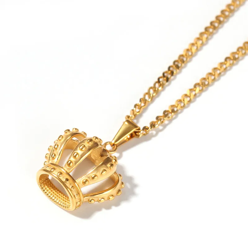 HipHop Stainless Steel Hollow Gold Plated Crown Pendant Necklace Chain for Men Women