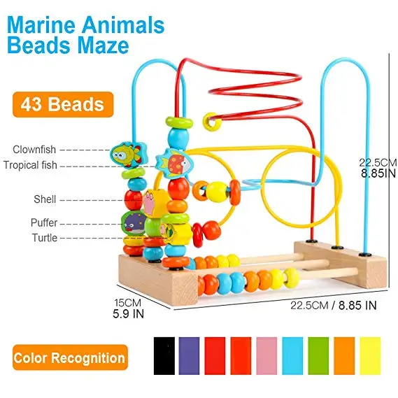 
Hot selling wooden insect cartoon pattern animal round wire colorful bead maze toys 