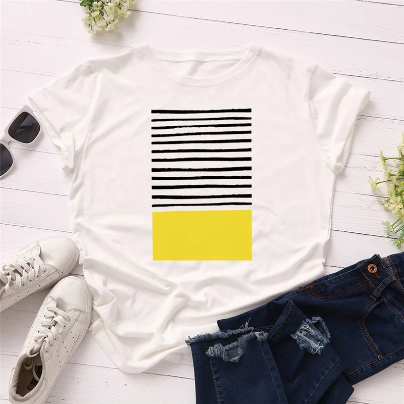 
Wholesale Women Casual Tshirts Chest Stripe Print T Shirt 100% Cotton O Neck Short Sleeve Summer T-Shirt Tops 