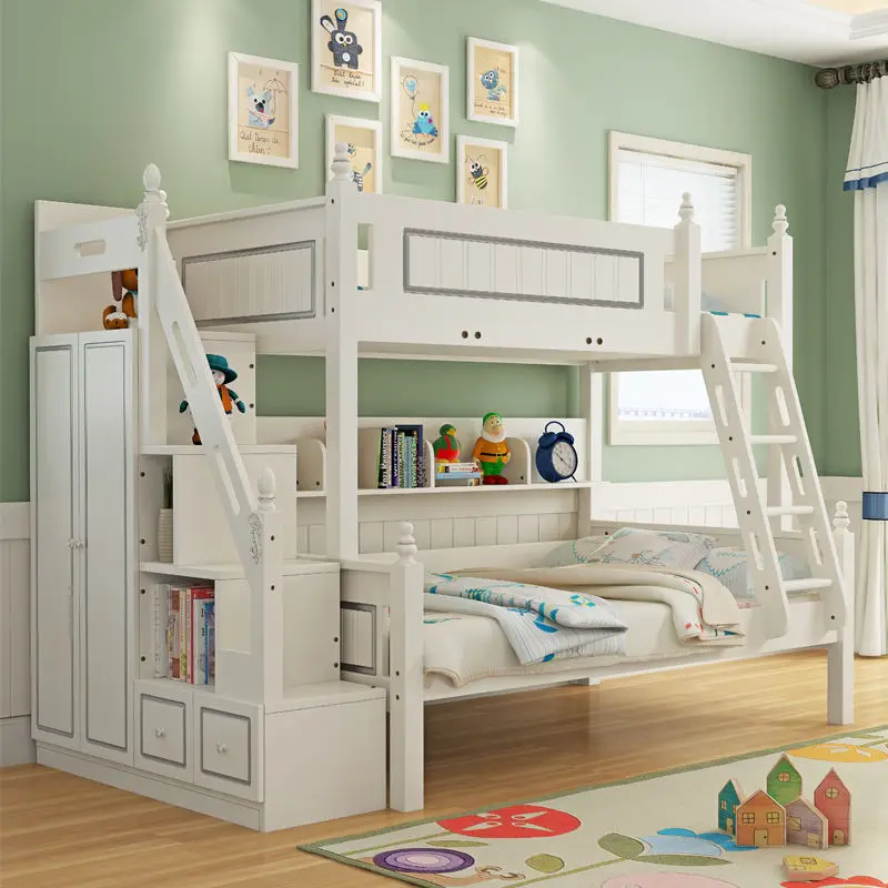 White Pine Solid Wood Convertible Multifunction Wooden Boys Bunk Bed Kids Bunk Bed With Slide and Drawer