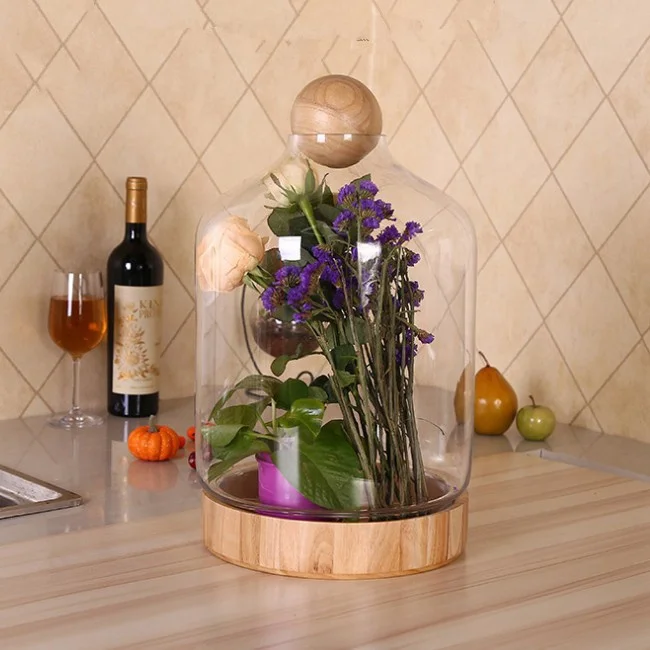 
High Quality Borosilicate Glass Bell Cloche and Glass Dome with Wooden Base flower vase glass 