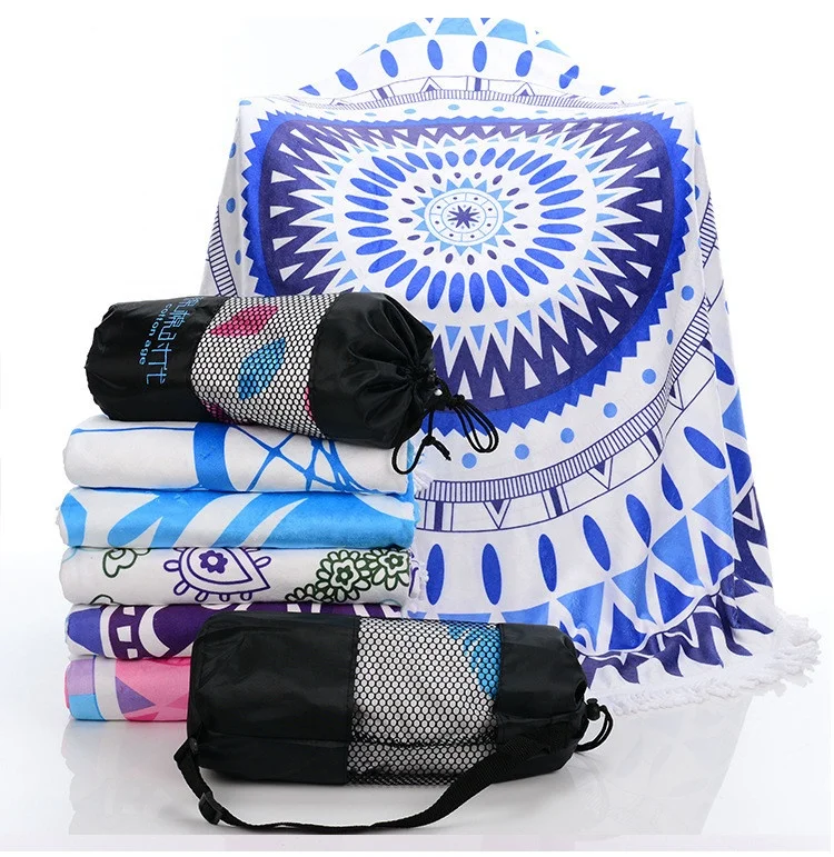 Custom logo extra large weighted giant  folding microfiber round beach towel with mesh bag
