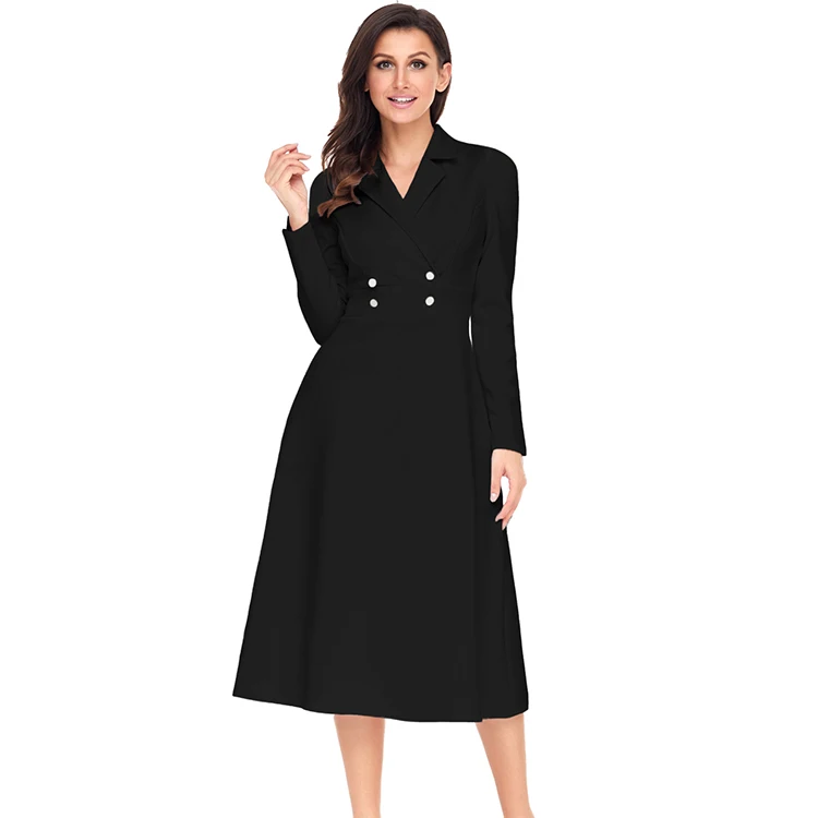 
Hot selling Ladies Vintage Button Collared Fit-and-flare Office Dress 