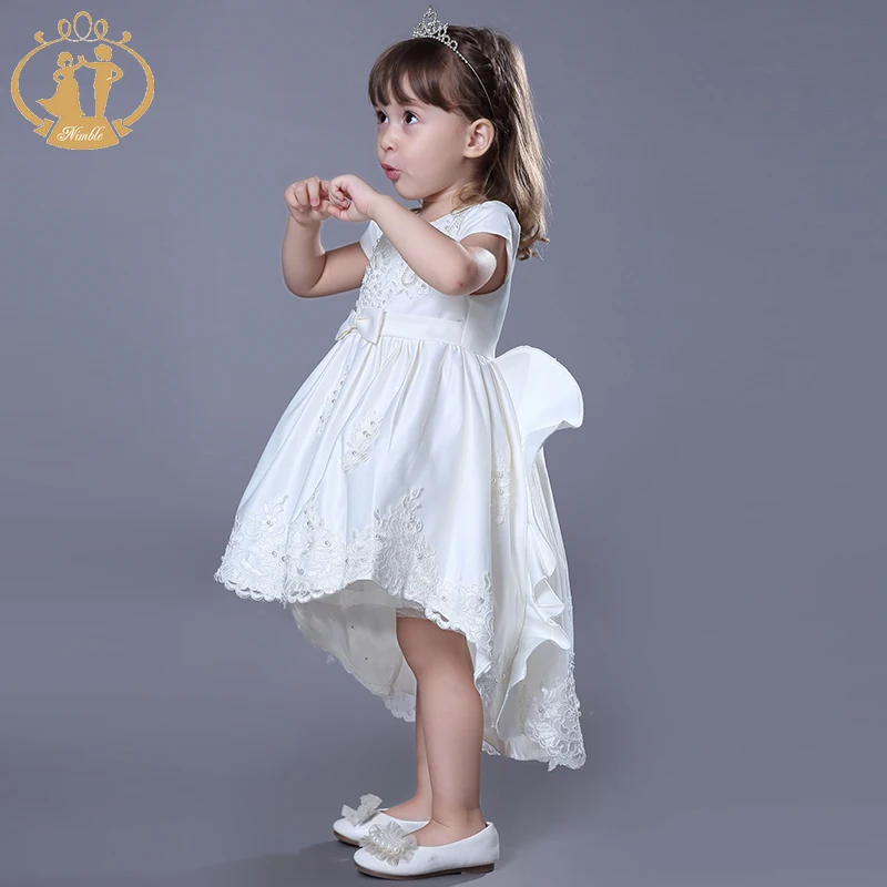 Nimble Beading Embroidered Baby Dresses Satin Long Tail Child Baby Dress Model For Party 1-4years Children Clothes Girls Dresses