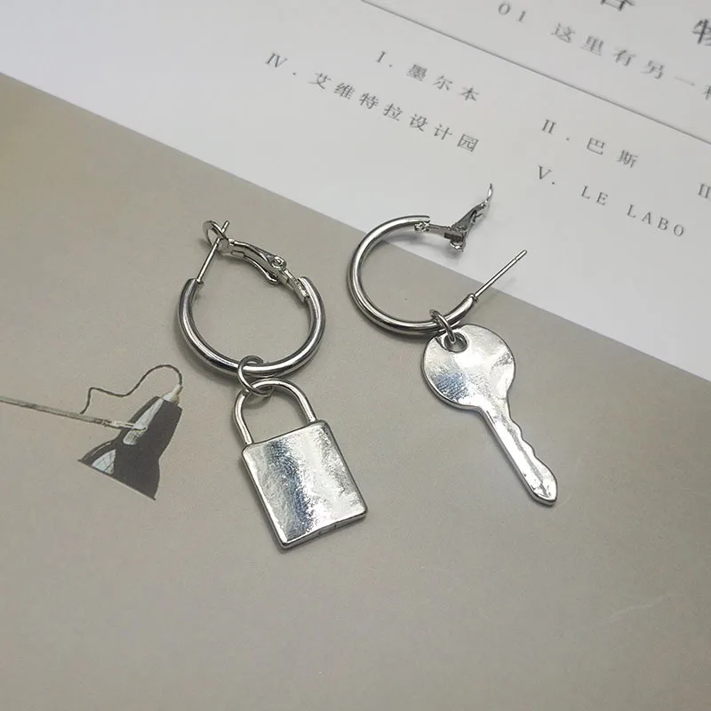 silver hoop padlock and key asymmetry charm earrings huggie lock key drop earrings mismatched