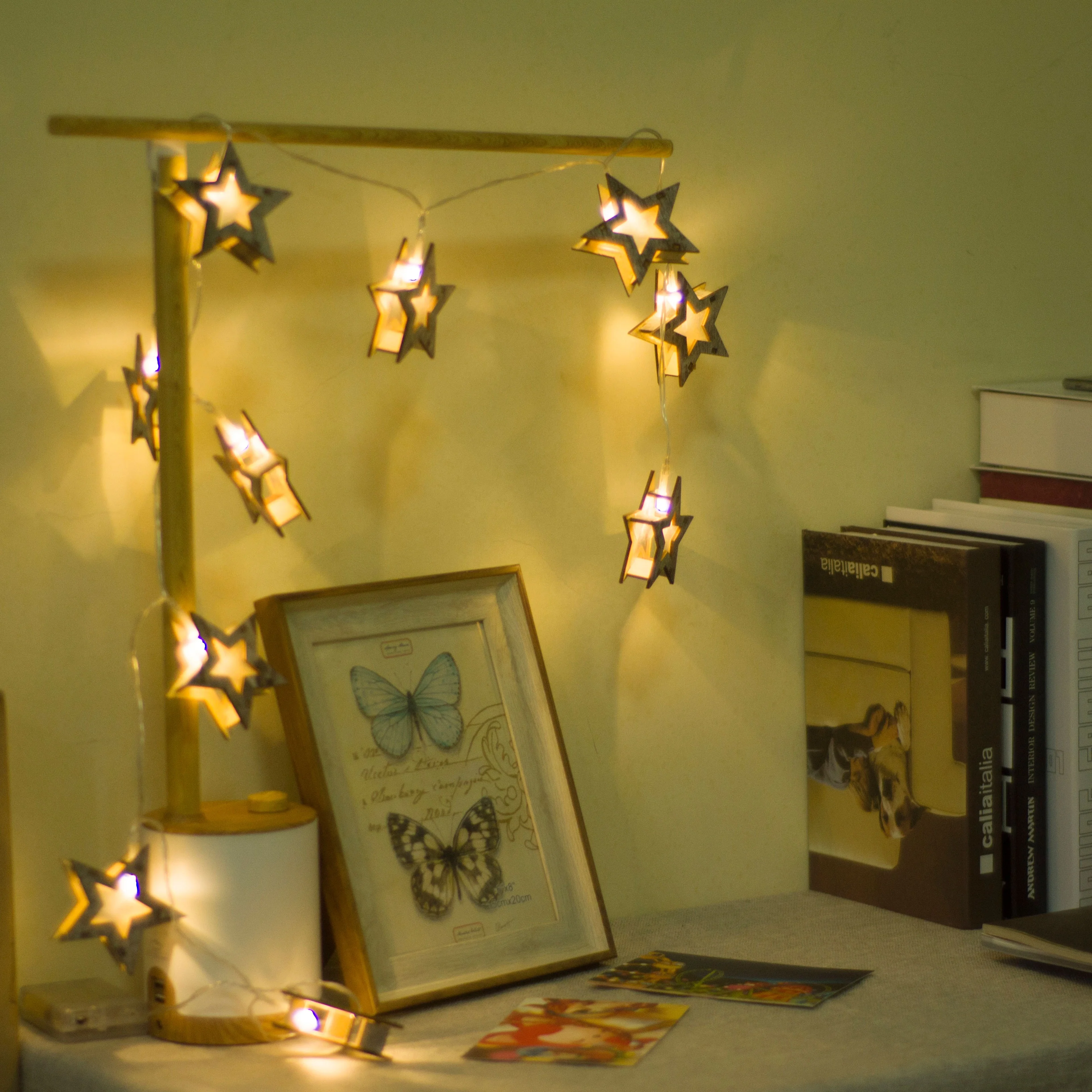 Custom Holiday Decoration 10 LED Battery Powered Wooden Christmas Star Shaped String Lights