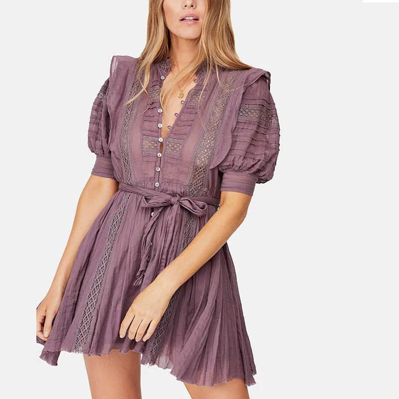 women Sydney Lace Pintucked Dress short sleeves straight hem Button front closure self-tie belt ruffles over shoulders dress