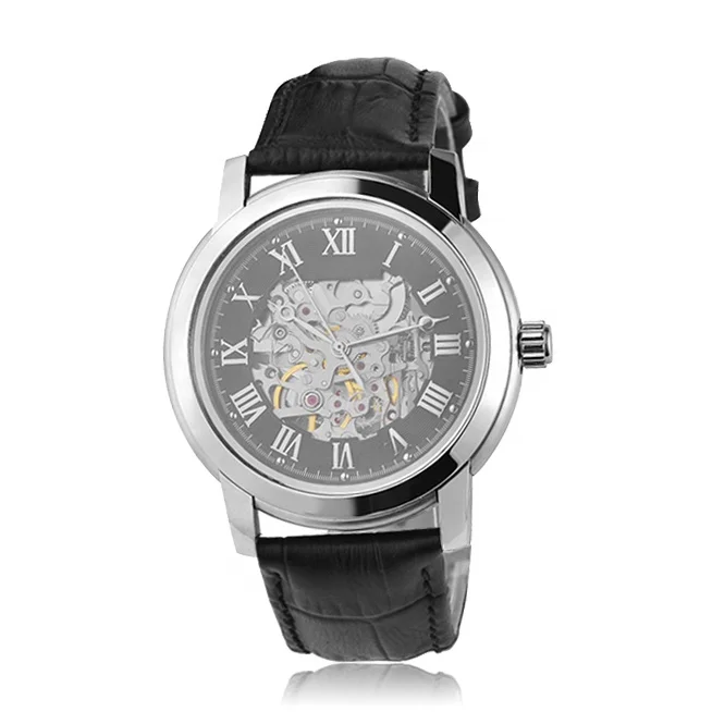 Luxury  Men Leather Watch Stainless Steel Skeleton Automatic Watch