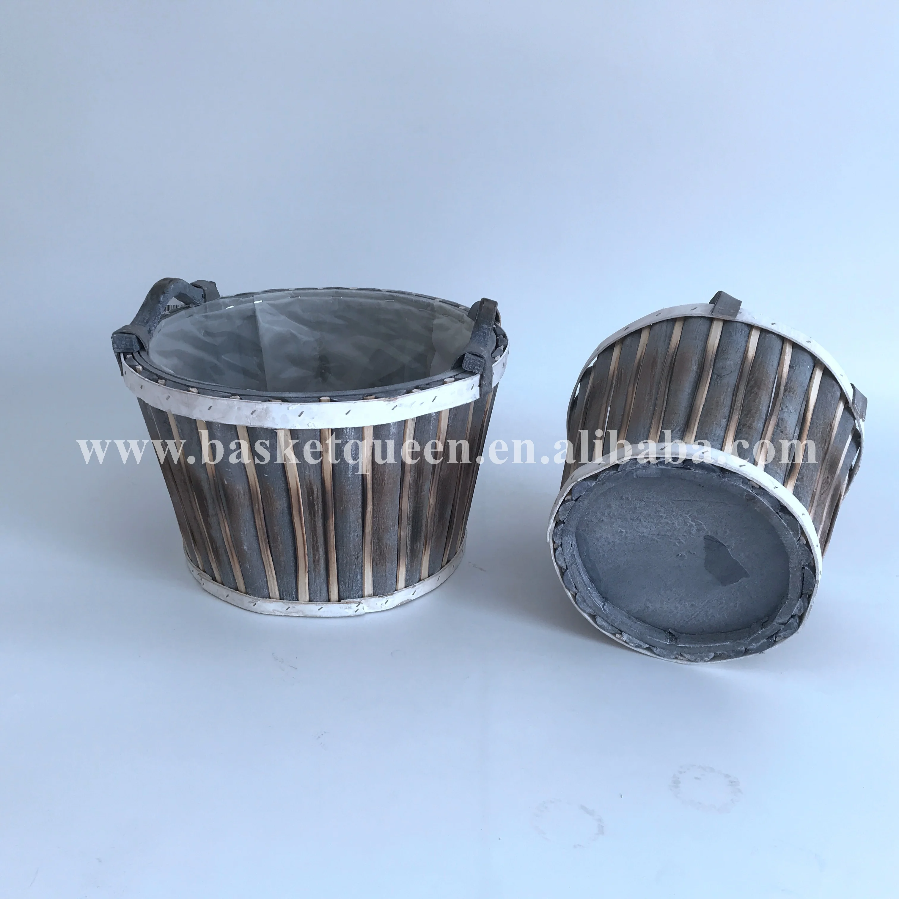 
Wholesale 100% handmade eco-friendly burn color woodchip basket with wood handle for garden panting 