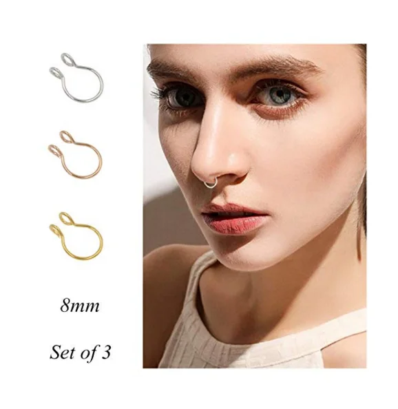 Septum Nose Ring 20g Hoop Nose Ring Gold Rose Gold Silver 8mm Non Pierced Clip Nose Ring Faux Body Piercing