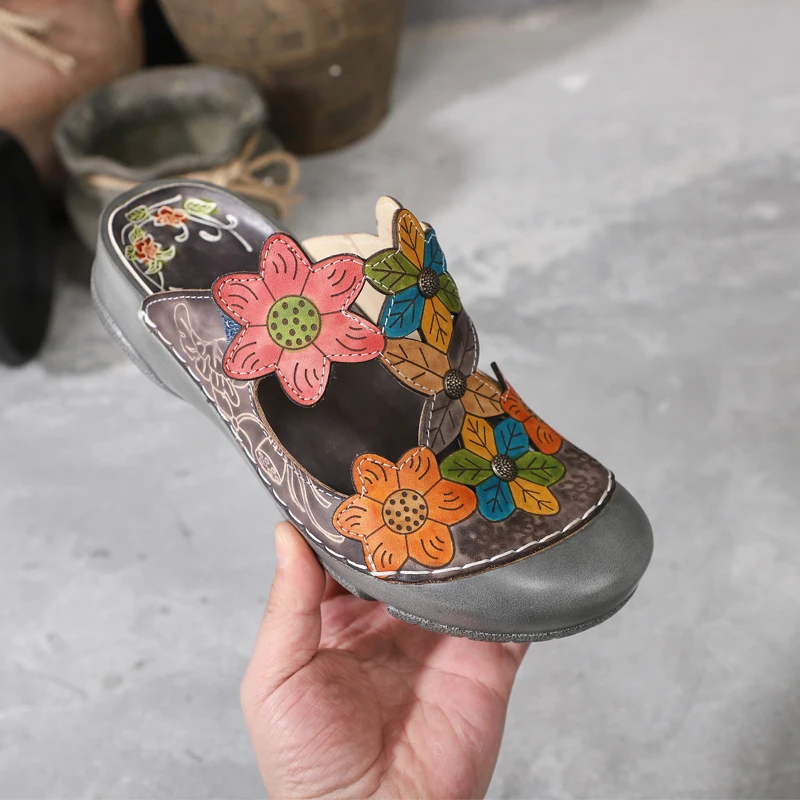 
Fashion floral flower pattern genuine leather comfortable flat casual shoes slipper sandal for woman lady girl spring autumn 