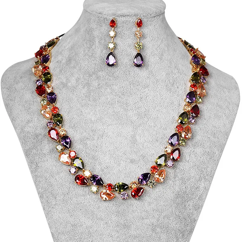 Rainbow Color Large Teardrop Cubic Zirconia CZ Crystal Necklace and Earrings Wedding Mona Lisa Jewelry Set