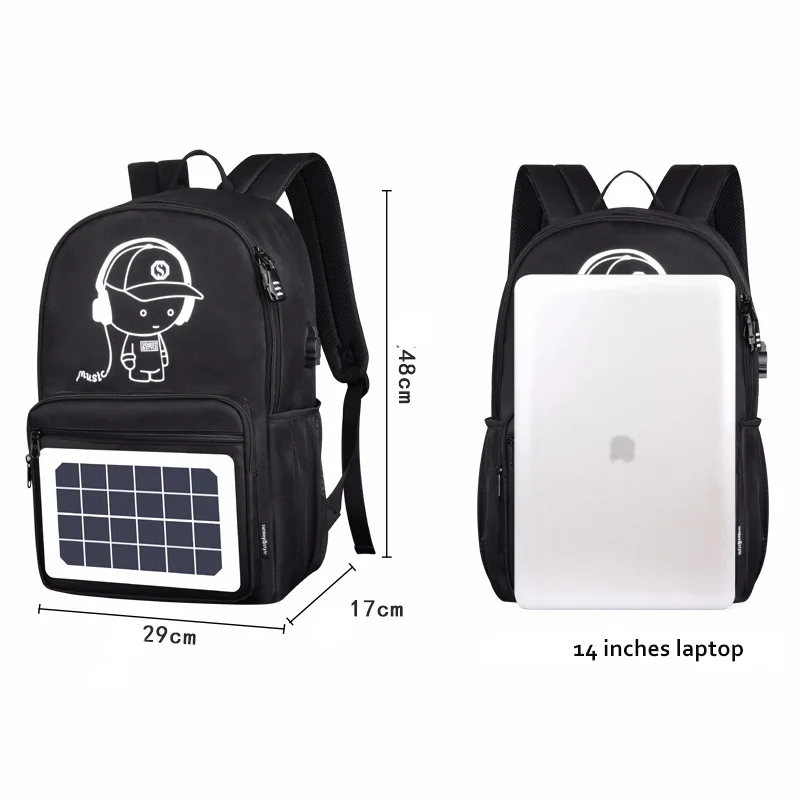 Reflective Smart Design Waterproof Solar Panel Laptop Backpack Bag With USB Charging