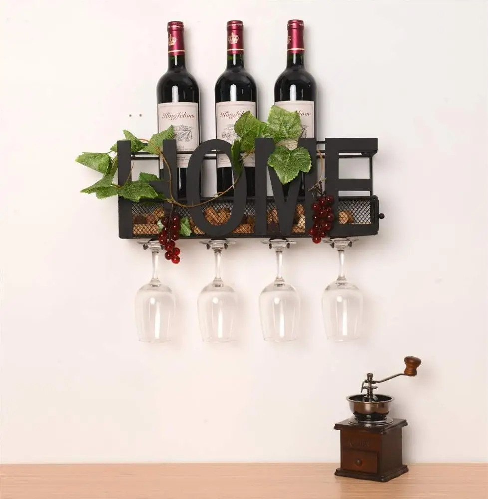 
Decorative Black Home Wall Mounted Hanging Metal Wine Bottle Rack Holder with 4 Glass Holder & Wine Cork Storage 